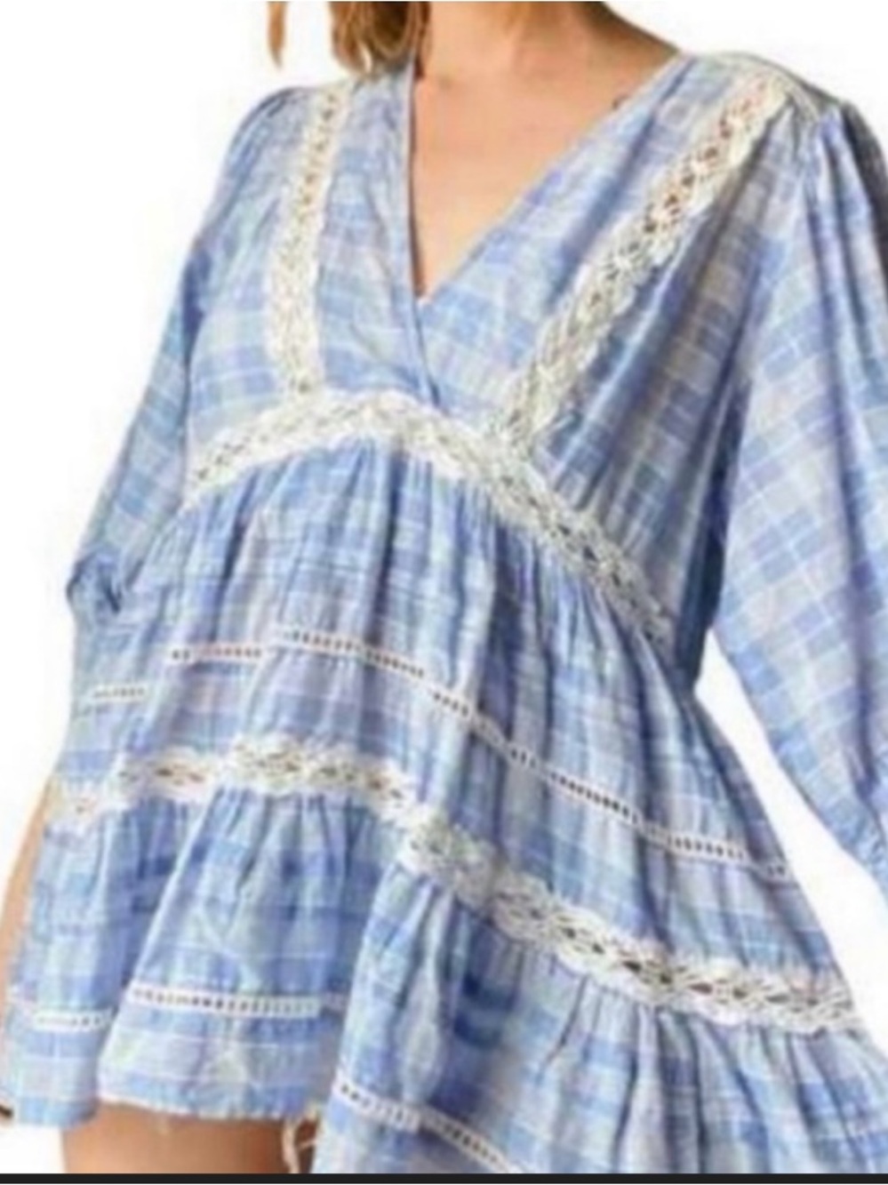 FREE PEOPLE Light Blue Plaid Lace Trim Babydoll Tunic Dress Size-L - Picture 3 of 13